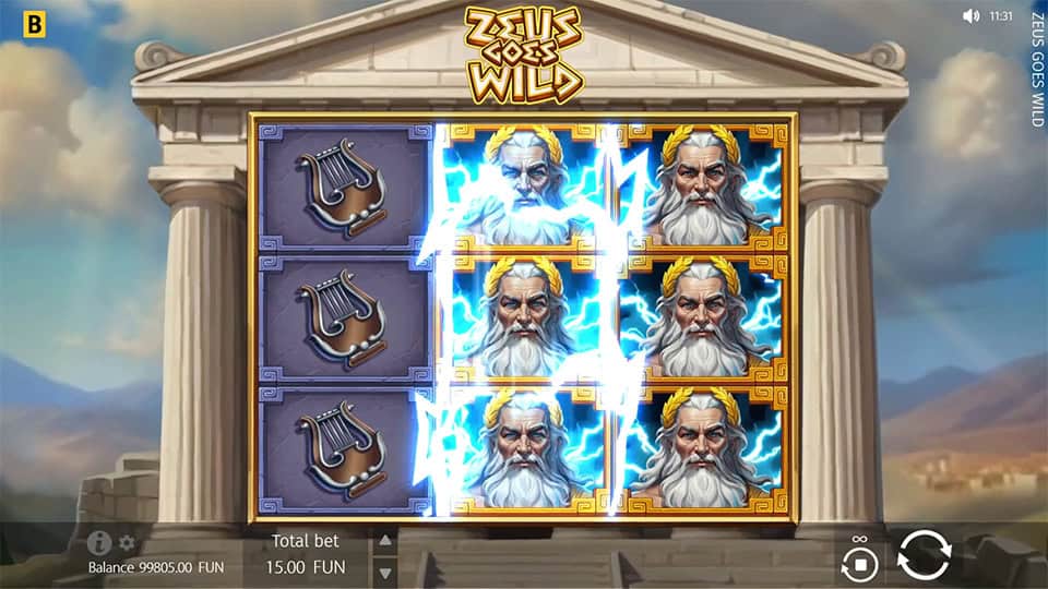 Lightning Respin in Zeus Goes Wild showing matching Zeus symbols and animated electricity for a second chance win.