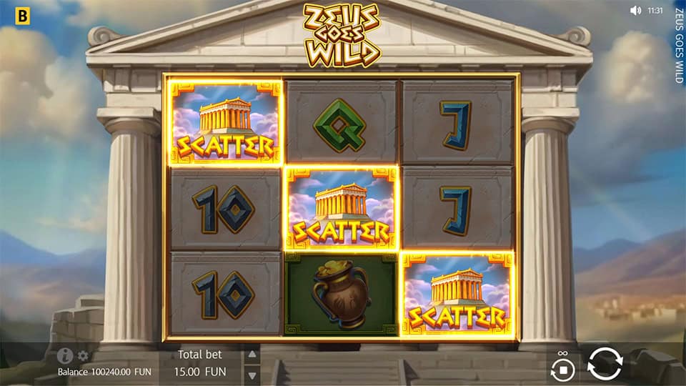 Zeus Goes Wild base game with three golden Parthenon scatter symbols triggering the free spins round.