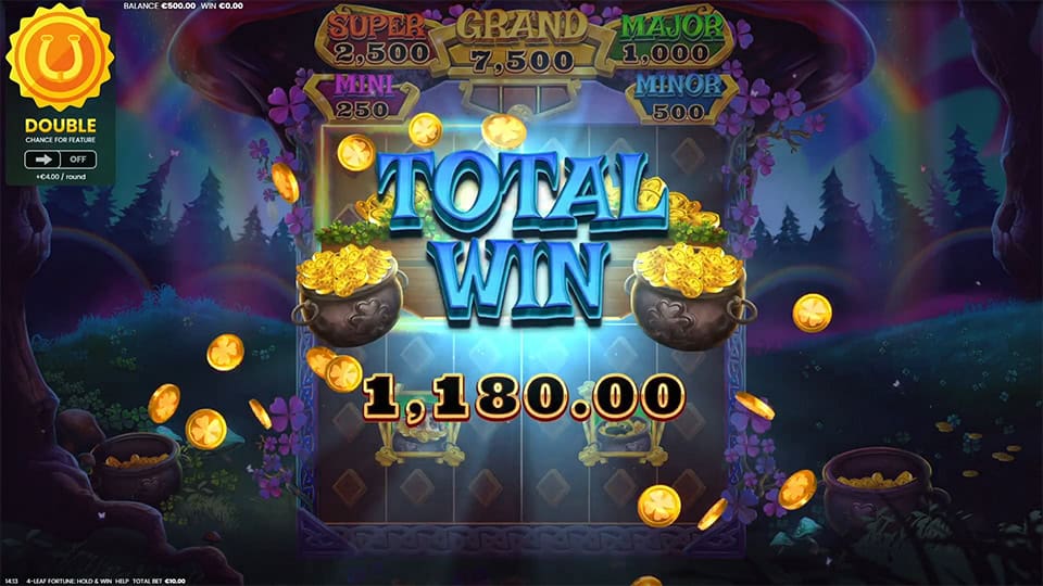 “Total Win” message with 1,180.00 payout, flying gold coins and jackpot cauldrons shining on a dark enchanted background.