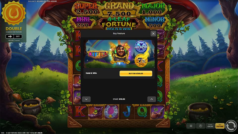 Buy Feature menu with a leprechaun character and golden coin graphics, offering Hold & Win mode.