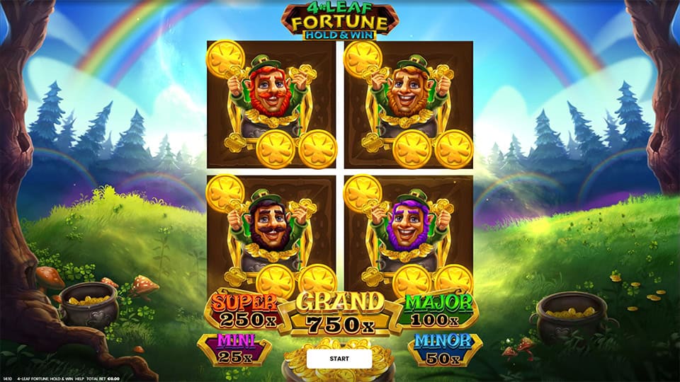 Game intro screen showing leprechaun characters holding coins, jackpot values listed below and a bright double rainbow sky.