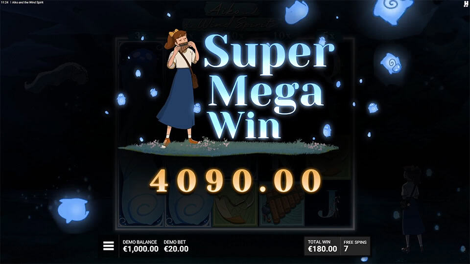 Super Mega Win screen with glowing spirits and Aiko in the dark forest during a payout.
