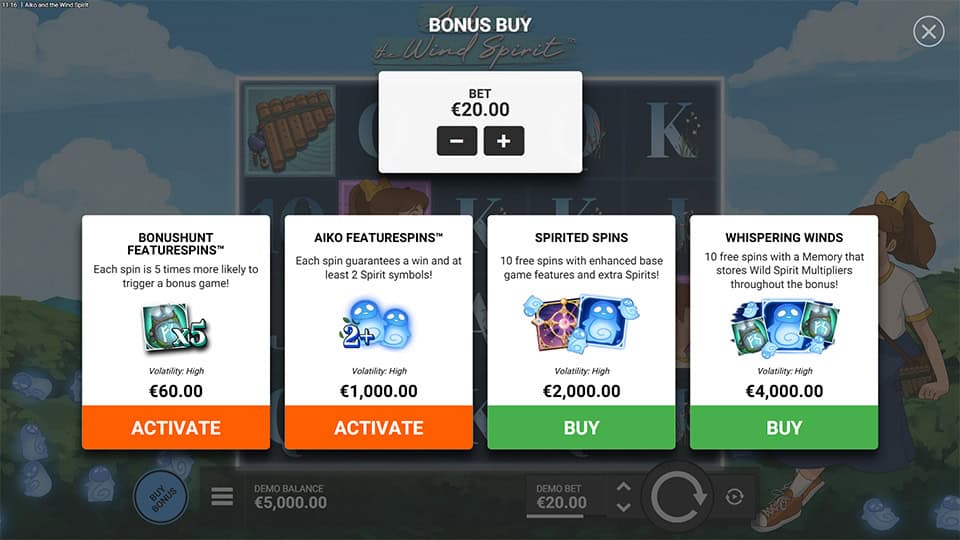 Bonus buy menu offering four spin modes including guaranteed wins and special spirit features.