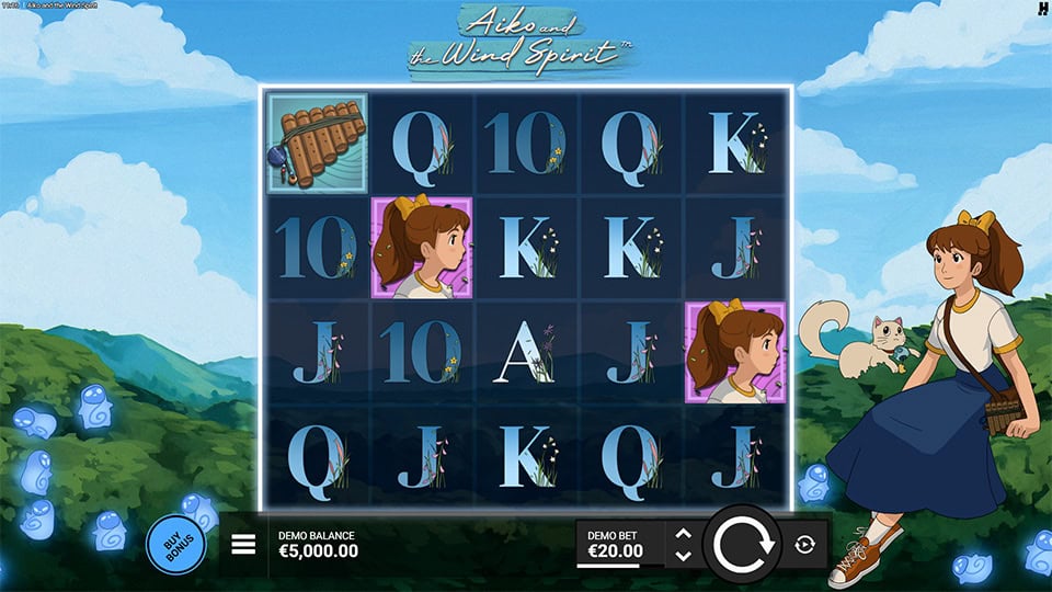 Slot reels with Aiko, instruments and card symbols over a bright mountain backdrop.