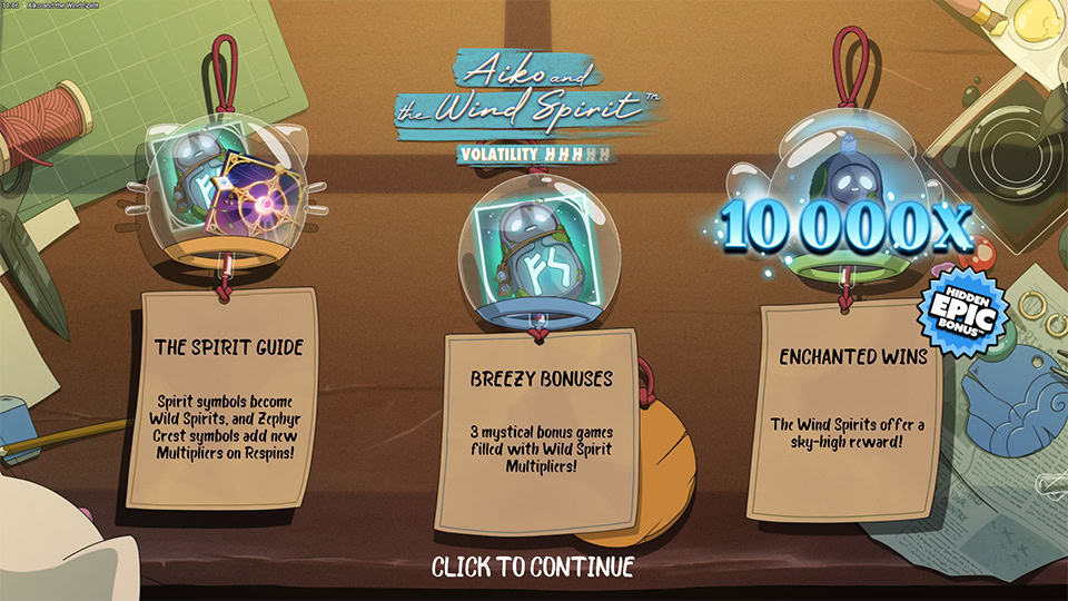 Intro screen showing Wind Spirit mechanics, bonus features and a 10,000x max win.