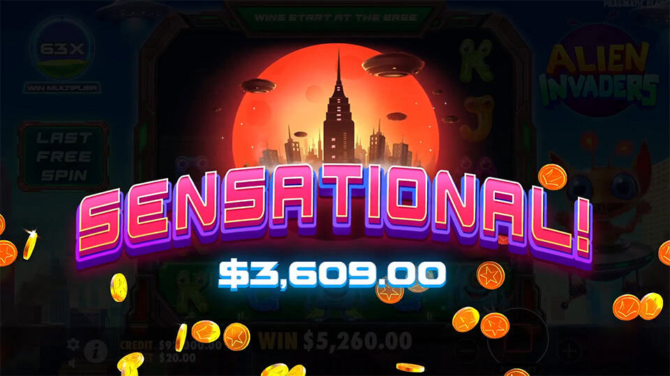 Win with “Sensational!” text over city skyline at sunset and coins flying across screen.