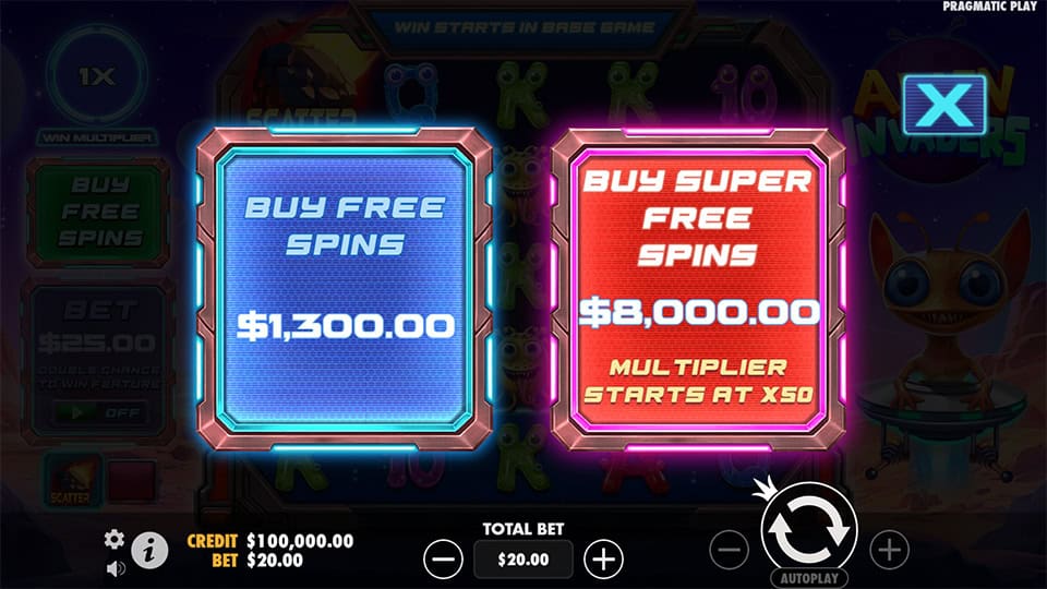 Bonus buy menu with Free Spins and Super Free Spins starting at x50 multiplier.
