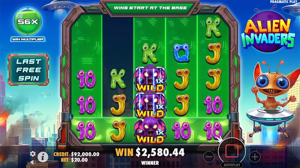 Reels packed with x1 Wilds stacked on the middle column and 56X multiplier.