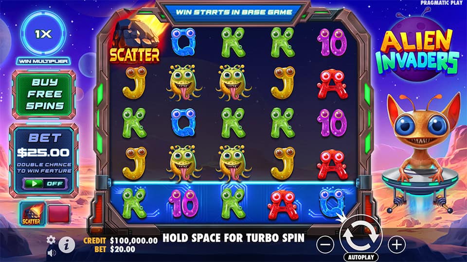 Base game screen showing colorful alien symbols and a SCATTER on reels, with $25 bet and bonus buy option visible.