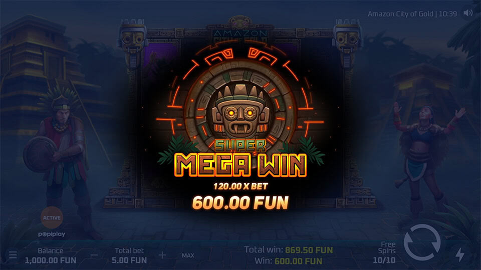 Super Mega Win screen in Amazon City of Gold with a 600 FUN win at 120x the bet during free spins.