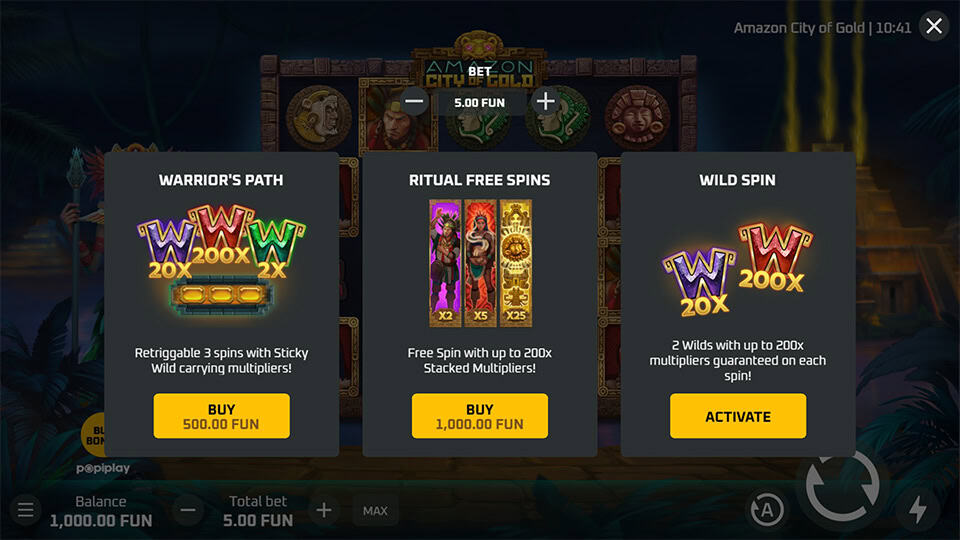 Bonus Buy menu in Amazon City of Gold with three selectable features: Warrior’s Path, Ritual Free Spins and Wild Spin.