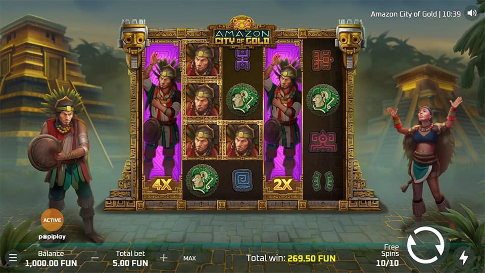 Highlight of the Ritual Reels feature in Amazon City of Gold with stacked wilds showing x4 and x2 multipliers.