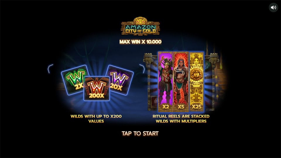 Introduction screen of Amazon City of Gold showcasing wild multipliers, Ritual Free Spins and the 10,000x max win feature.