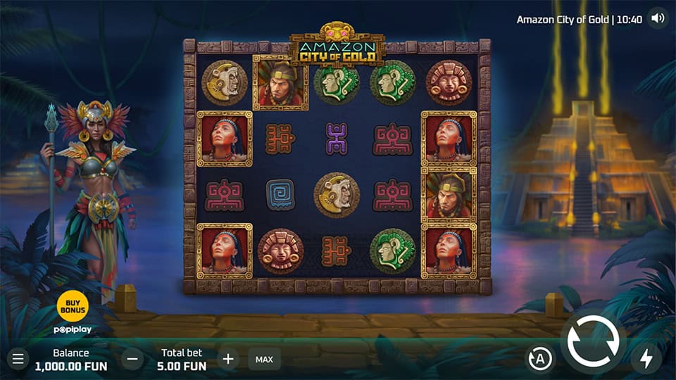 Amazon City of Gold base game with warrior symbols, animated character on each side and 2x and 4x multipliers on the reels.