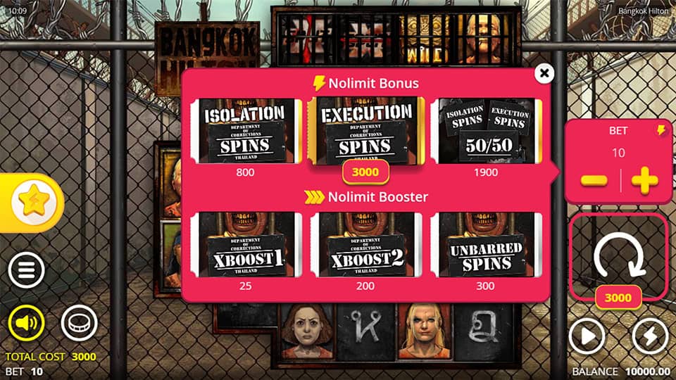 Bangkok Hilton slot bonus buy menu displaying Isolation Spins, Execution Spins, and Nolimit Boosters options.