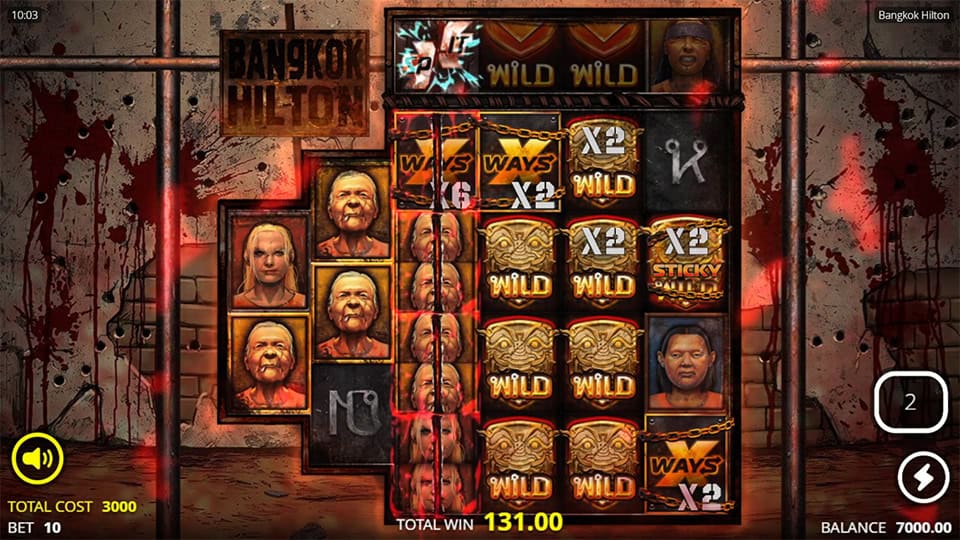 Bangkok Hilton slot bonus round showing xSplit wilds and multiplier symbols chained in the top reel section.
