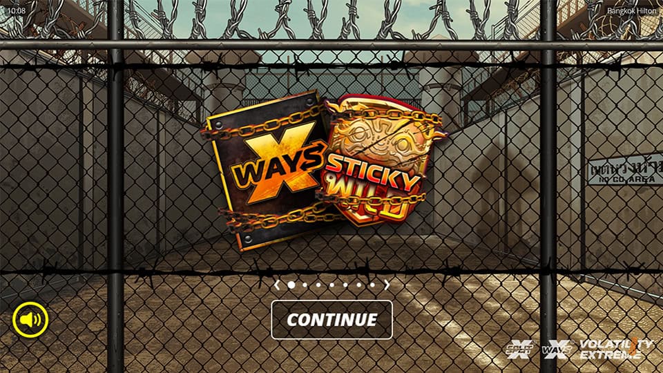 Bangkok Hilton slot intro featuring xWays and Sticky Wilds mechanics over a prison yard background.