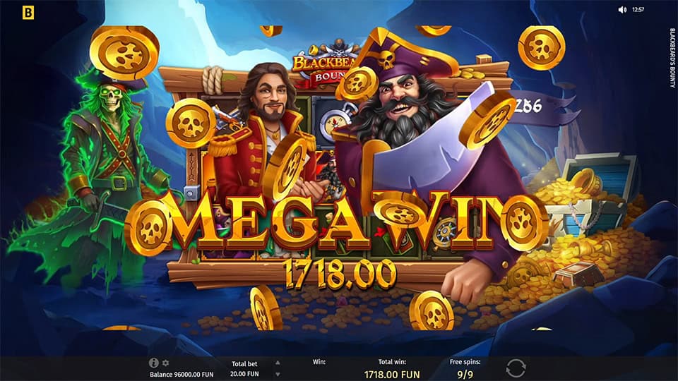 Mega Win screen showing 1,718.00 with flying gold coins and pirate crew.