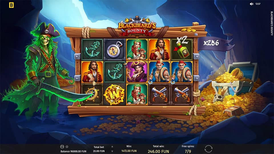 Bonus round showing x266 multiplier with stacked pirate wins.