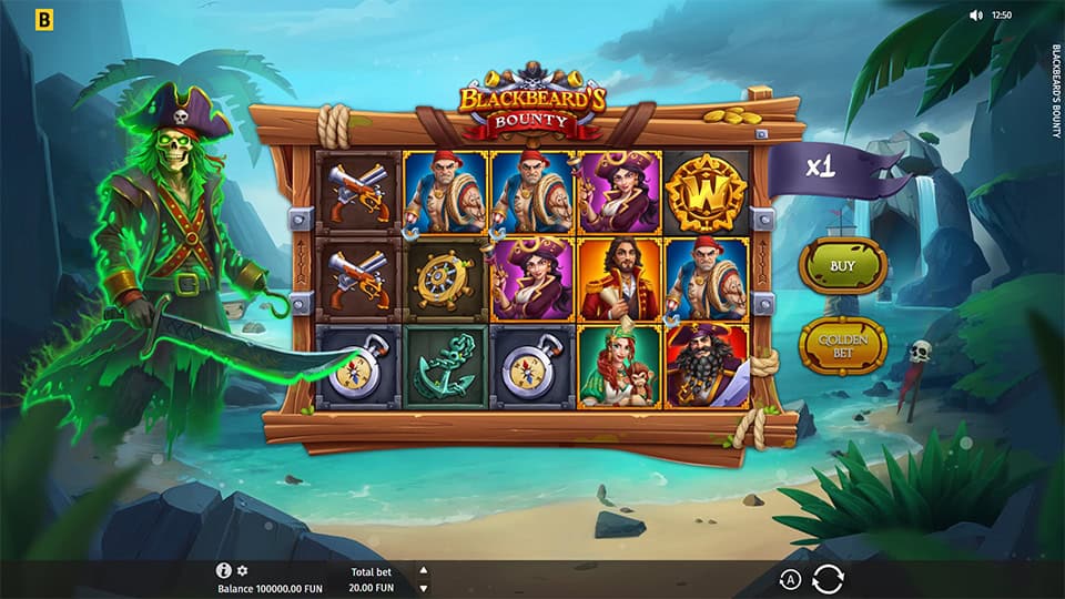 Base game screen with pirate characters, cannons and treasure-themed symbols.
