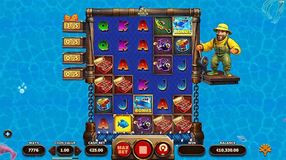 Highlighted grid with blue fish symbol, fishing reels, hooks and premium gear.