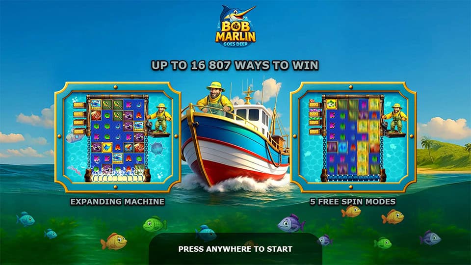 Intro screen showing boat, expanding reels and five bonus spin modes with colorful fish.