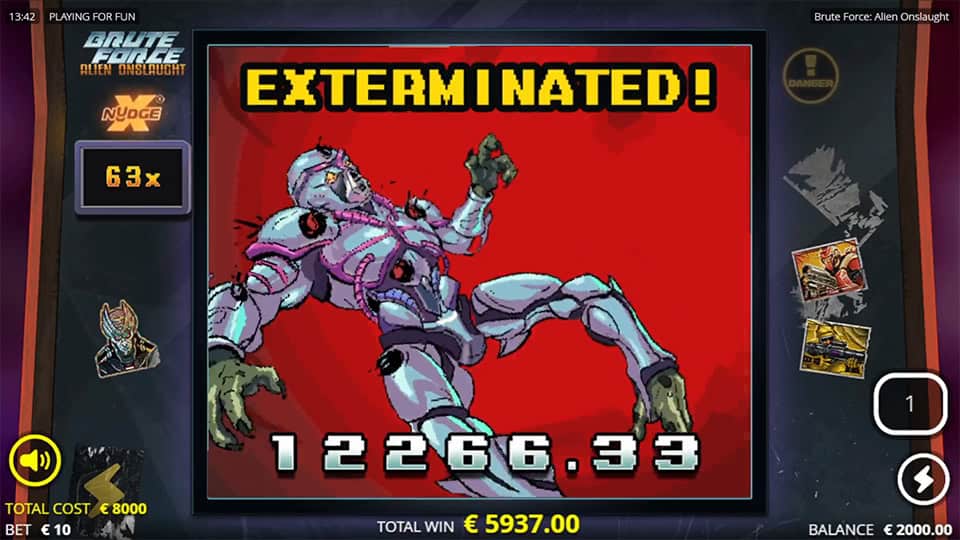 Giant cyborg alien on red background with “EXTERMINATED!” message and win amount below.