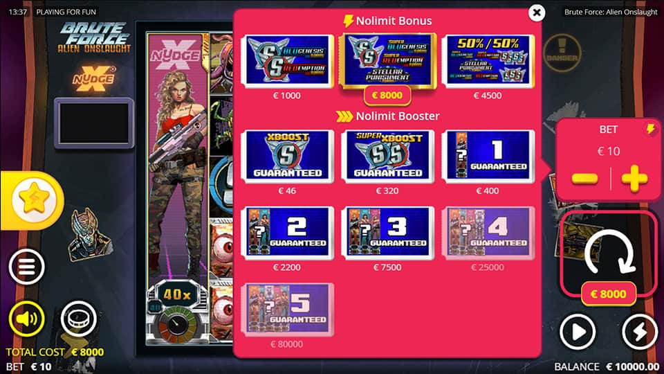 Bonus buy menu with various Nolimit options including boosters, guaranteed spins and xBet settings.