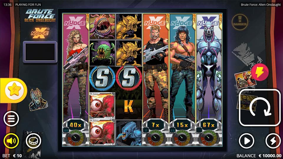 Slot screen with sci-fi soldiers, alien enemies and XNudge wilds across five reels.