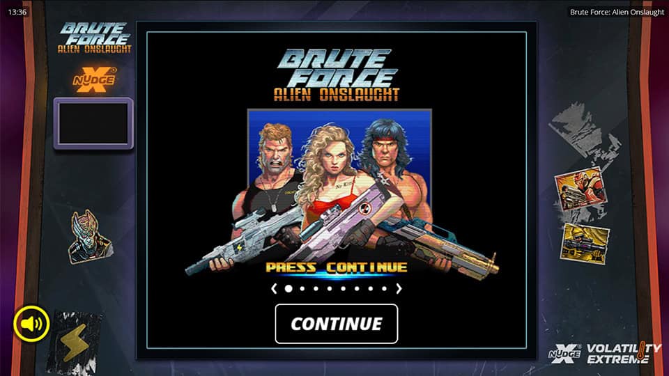 Intro screen showing three armed characters ready for battle with “Press Continue” prompt.