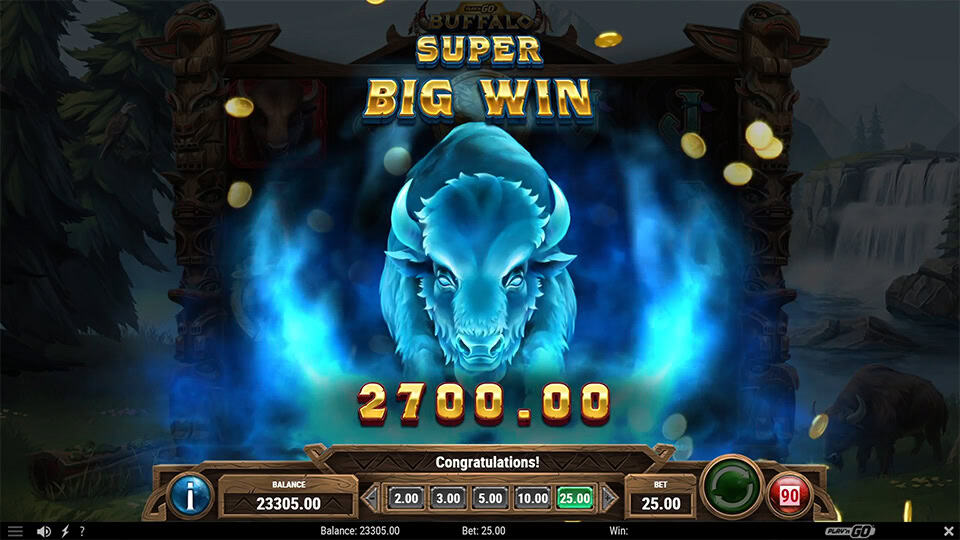 Blue buffalo appears with glowing SUPER BIG WIN message and gold coins flying.