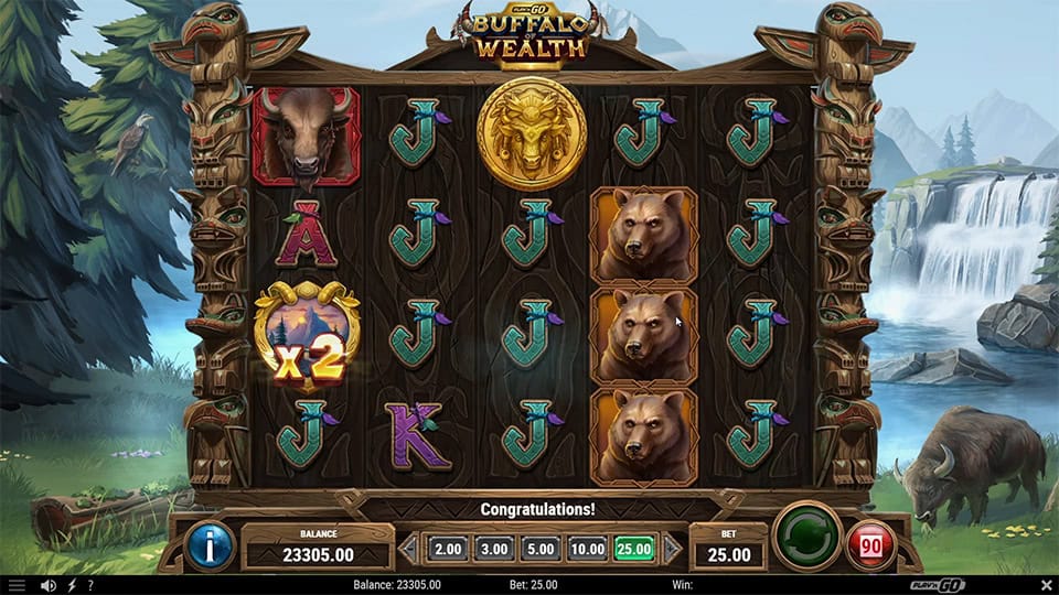 x2 multiplier wild symbol on the reels with golden buffalo frame and bear symbols.