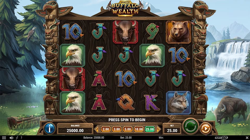 Slot grid with animal symbols like eagles, wolves and bears on a wooden reel frame.