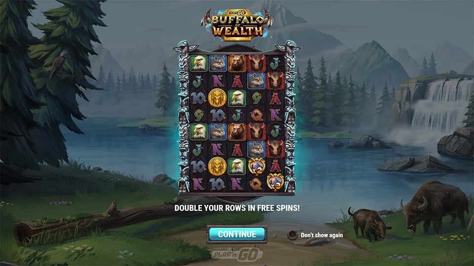 Intro screen with expanded reel visuals, forest lake background and bonus modes.