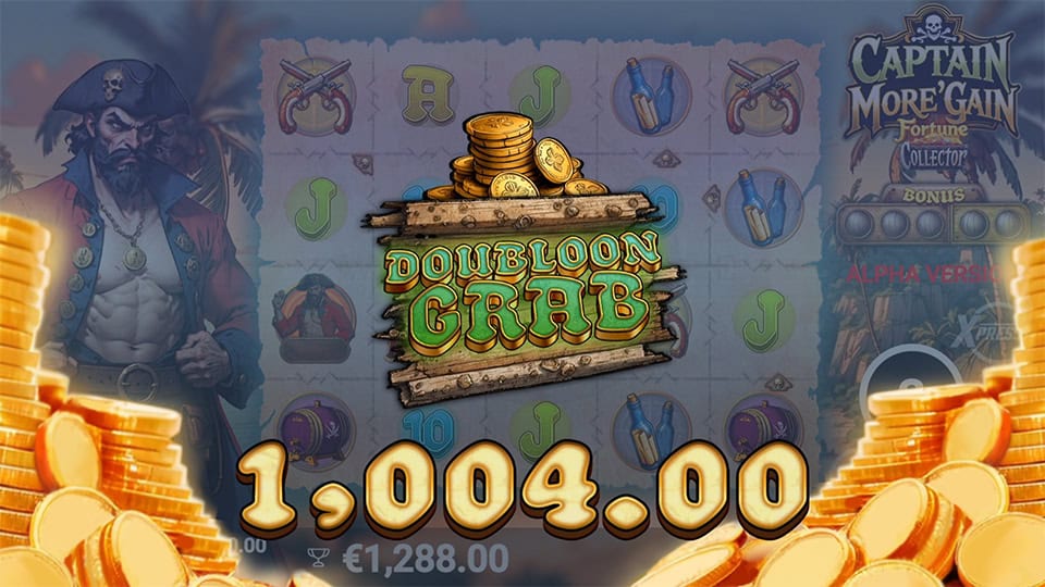 Captain More'gain slot showing Doubloon Grab win of 1,004.00 with coins and pirate backdrop.