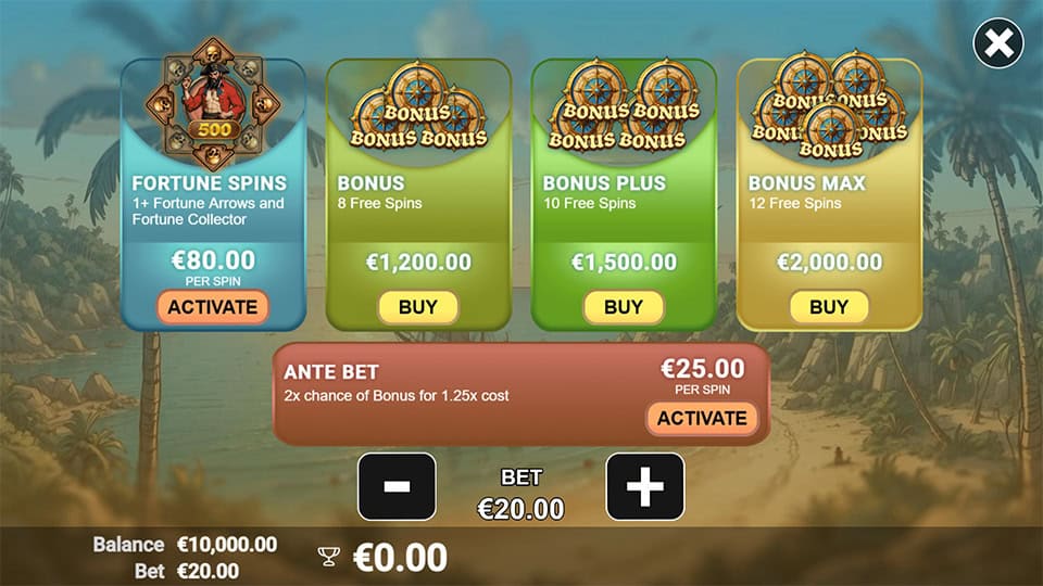Captain More'gain bonus buy screen with Fortune Spins, Bonus Max and Ante Bet settings.