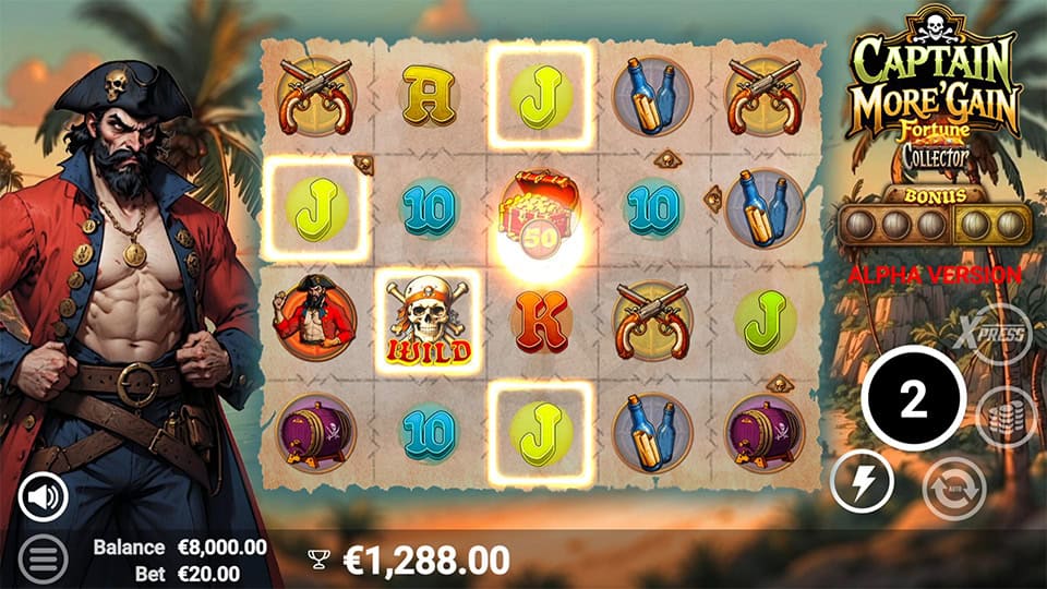 Captain More'gain feature screen with Fortune Collectors and pirate symbol values.