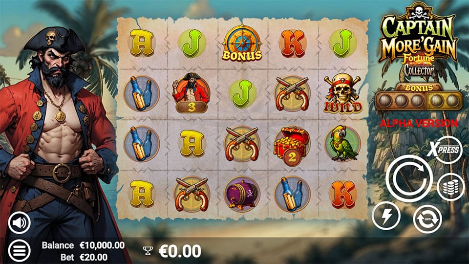 Captain More'gain slot grid with wilds, bonuses and pirate-themed icons on a map-style reel.