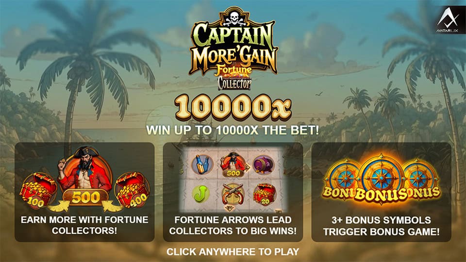 Captain More'gain slot homepage with game features and 10000x win teaser.