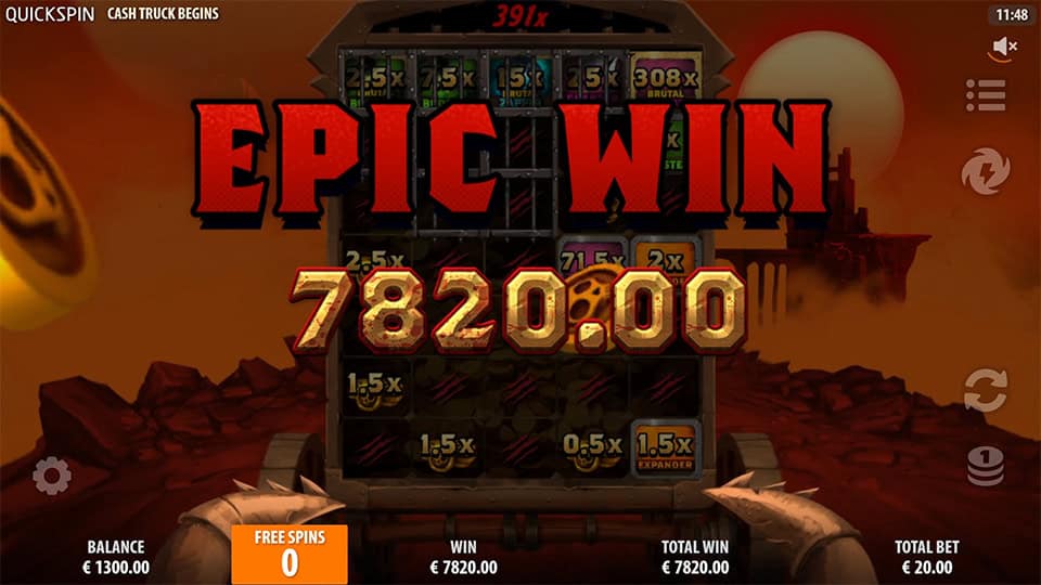 Epic Win screen in Cash Truck Begins displaying a €7,820.00 win with large red "EPIC WIN" text over the truck reels.