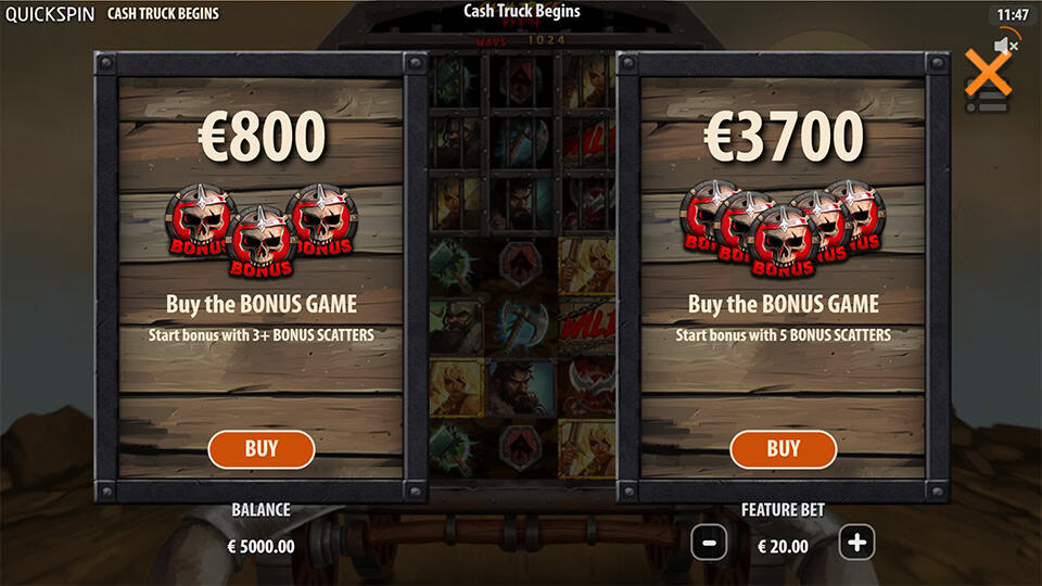 Bonus Buy screen in Cash Truck Begins offering standard bonus for €800 and upgraded 5-scatter bonus for €3,700.