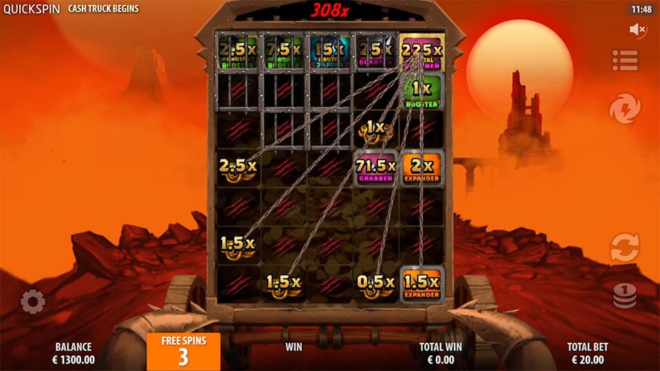Cash Truck Begins bonus round showing Brutal and Grabber symbols with multipliers like 225x and 71.5x expanding across the reels.