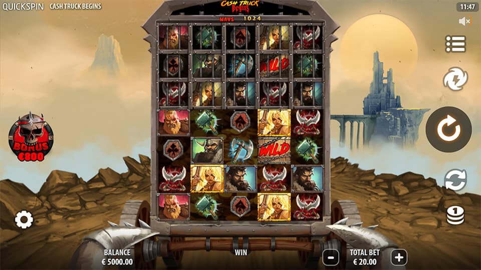 Base game screen of Cash Truck Begins showing an armored truck layout with various characters and bonus symbols.