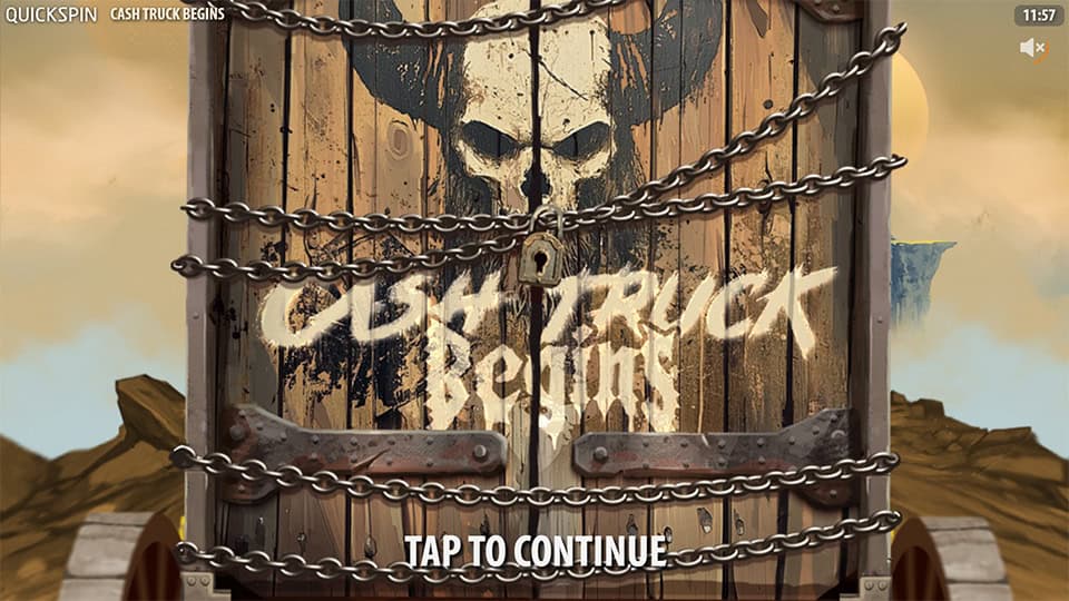 Game start screen for Cash Truck Begins featuring a chained wooden gate with the game’s logo and a post-apocalyptic setting.