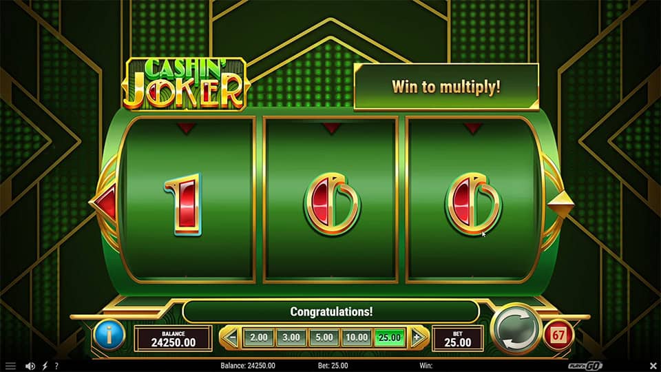 Three-reel screen showing completed x100 with symbols 1, 0 and 0 in green and red.