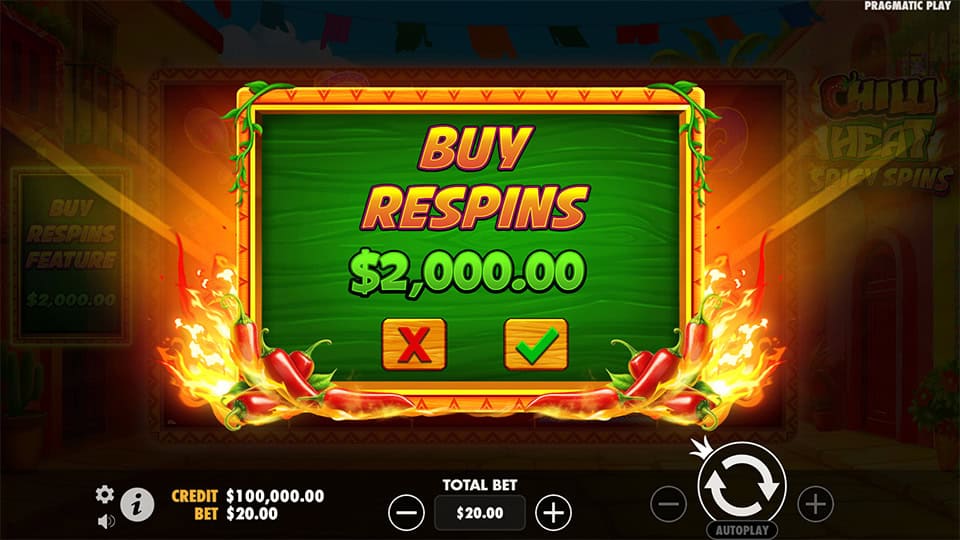 Green and red flaming buy menu offering instant access to respins feature.
