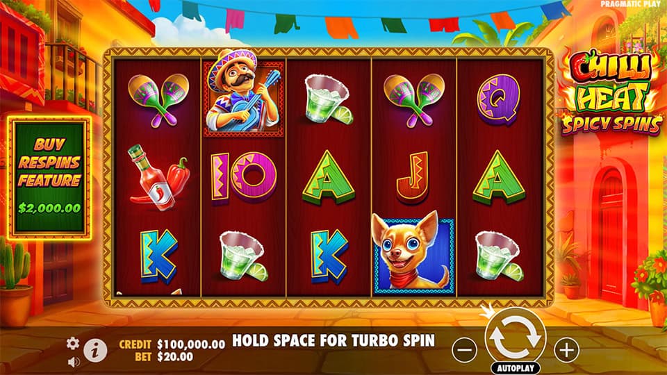 Base game reels filled with tequila, chihuahuas, maracas and card symbols on a wooden backdrop.