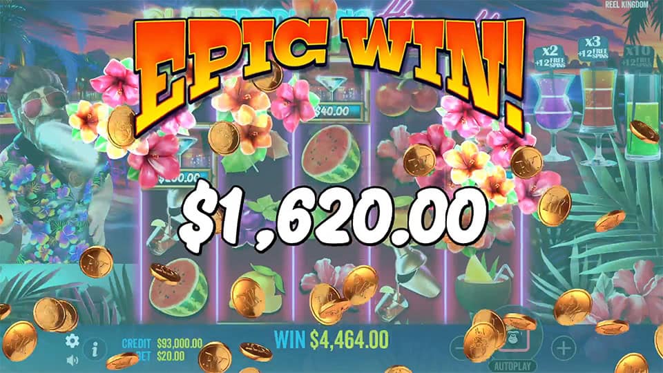 Epic Win message with gold coins and pink flowers flying across tropical reels.