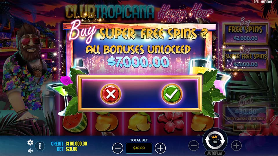 Buy Super Free Spins with all bonuses unlocked, featuring colorful drink icons.