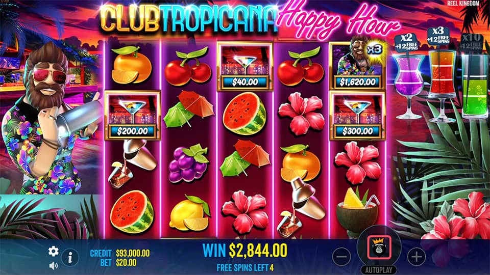 Free spins screen with bartender collecting cash values from cocktail symbols.